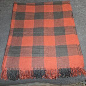 POttery Barn plaid throw wrap shawl red gray buffalo plaid fringe